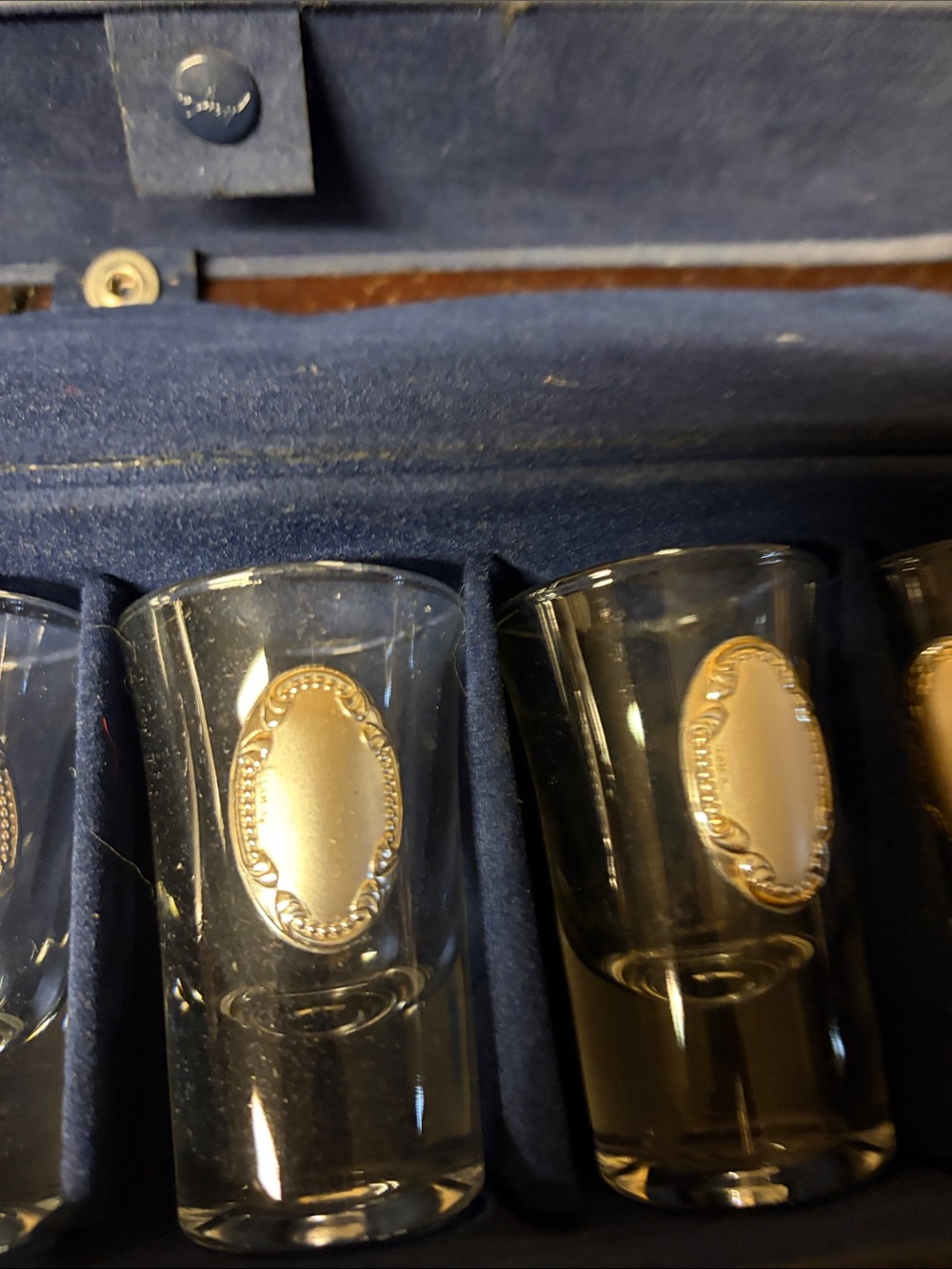 Set of 12 Etched Glass Shot Glasses with Medallions - Picture 3 of 9